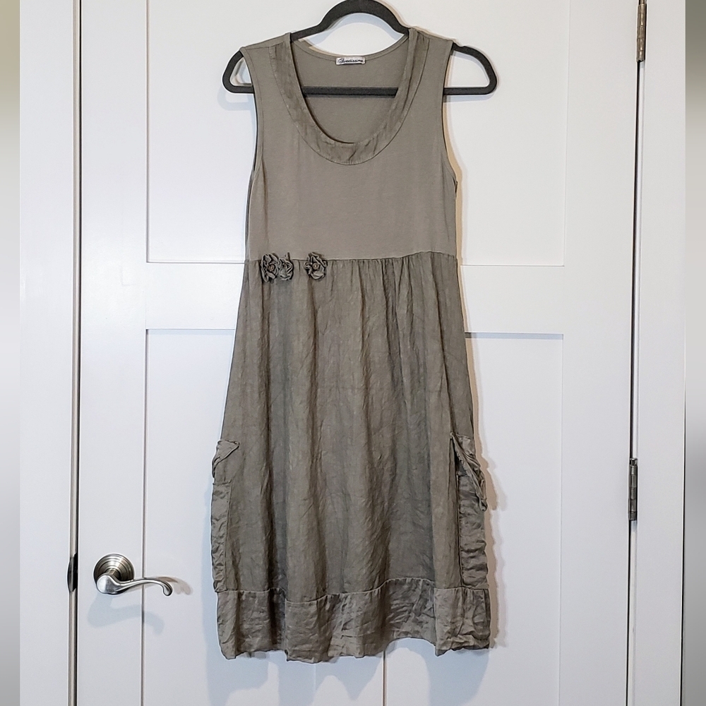 Sweetissima Italy Made Linen Sleeveless Midi Dress Floweretts Olive Gree…